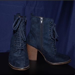 Navy blue suede high heel booties